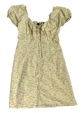 Yellow Floral Button-Down Mini Dress with Puff Sleeves